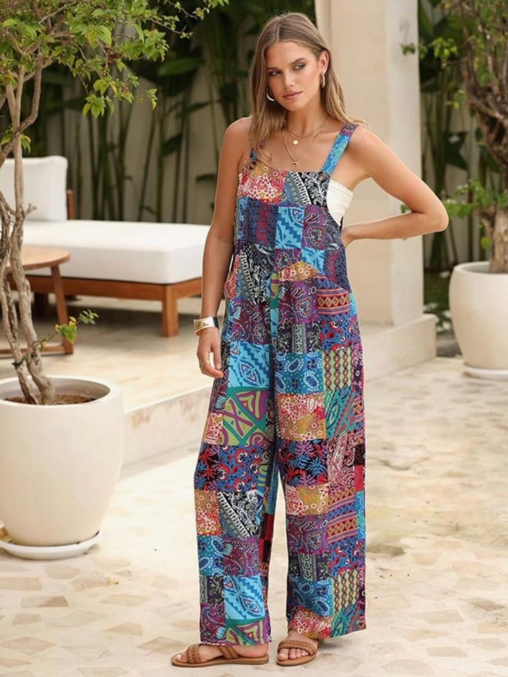 Women's Patchwork Dual Pocket Jumpsuit Loose Floral Print Bohemian Wide Leg Bib